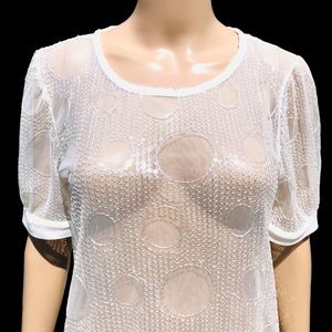 Eva Franco White Russian sheer top with circle pattern & sequins Sz L